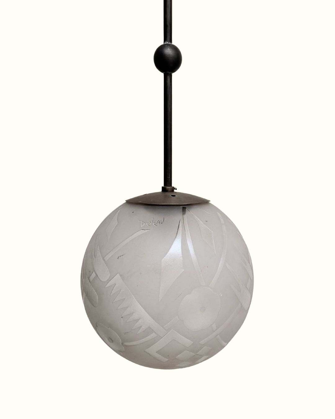 1930s Deveau French Art Deco Frosted Glass And Bronze Ceiling Lamp photo furniture