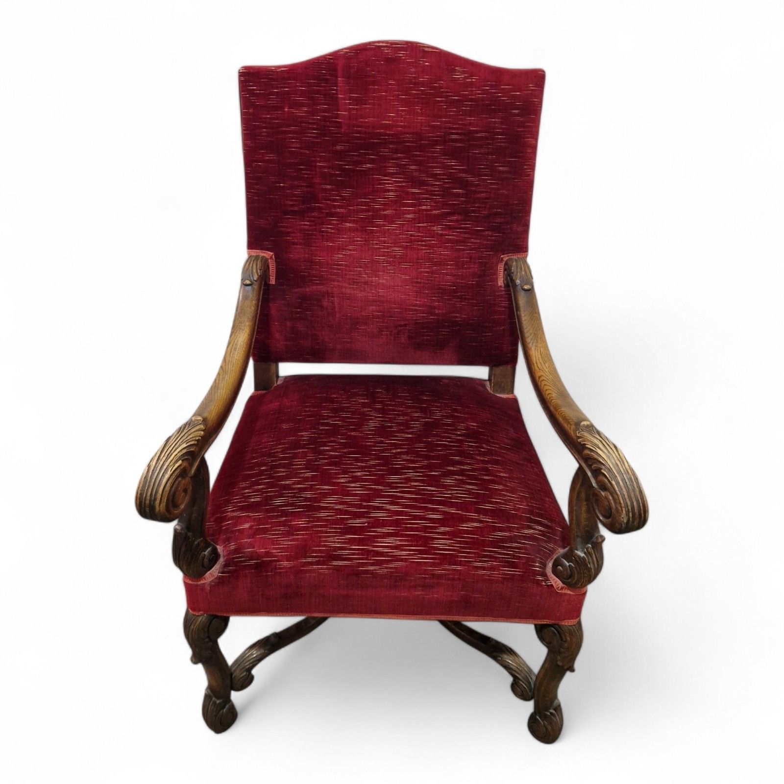 Antique Carved Wood Armchair Continental Throne Chair Red Velour Statement Oak photo for sale