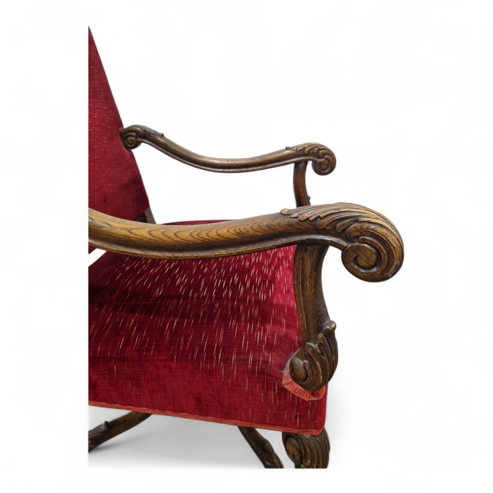 Antique Carved Wood Armchair Continental Throne Chair Red Velour Statement Oak photo vintage