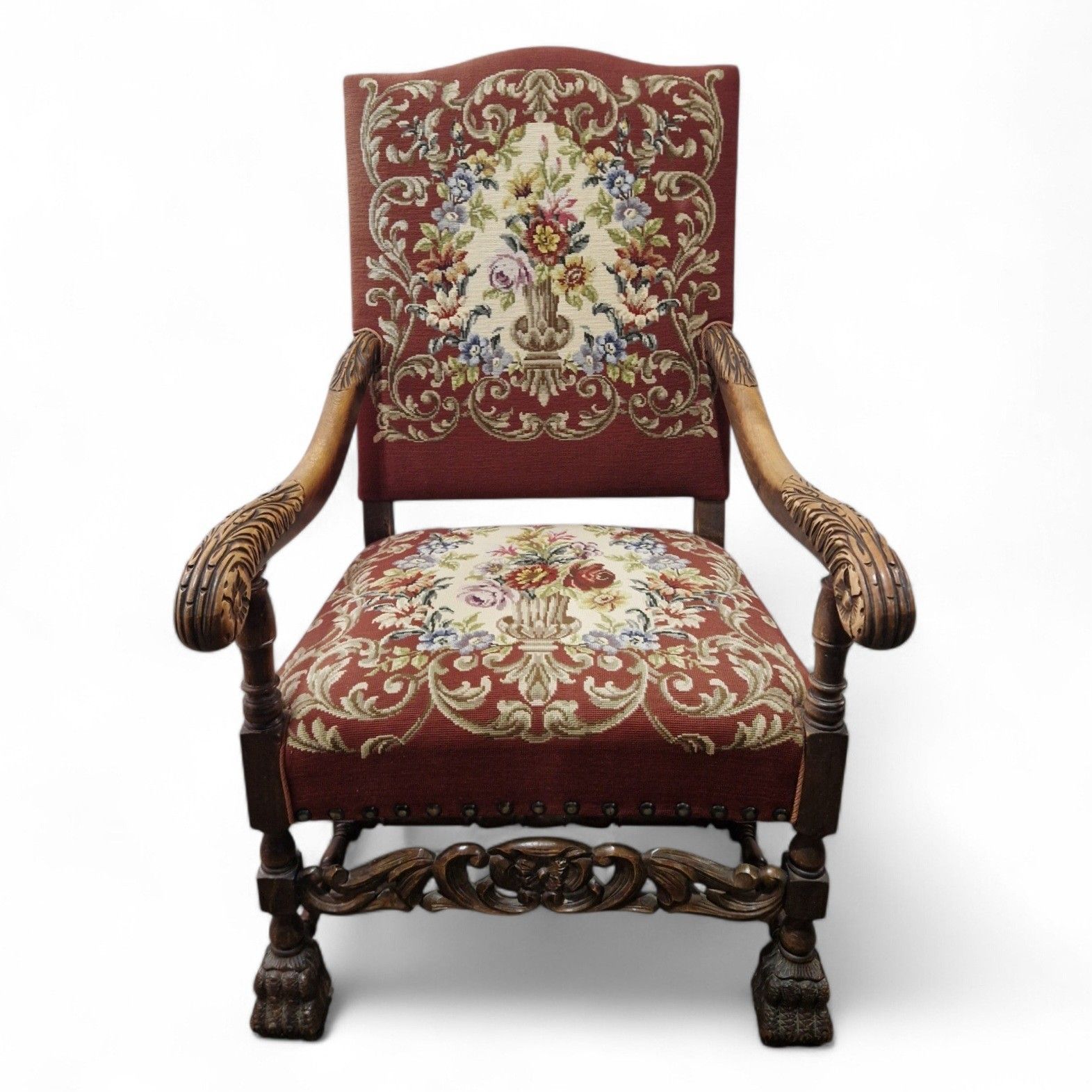 Antique Carved Wood Armchair Continental Oak Throne Chair Large Floral Statement