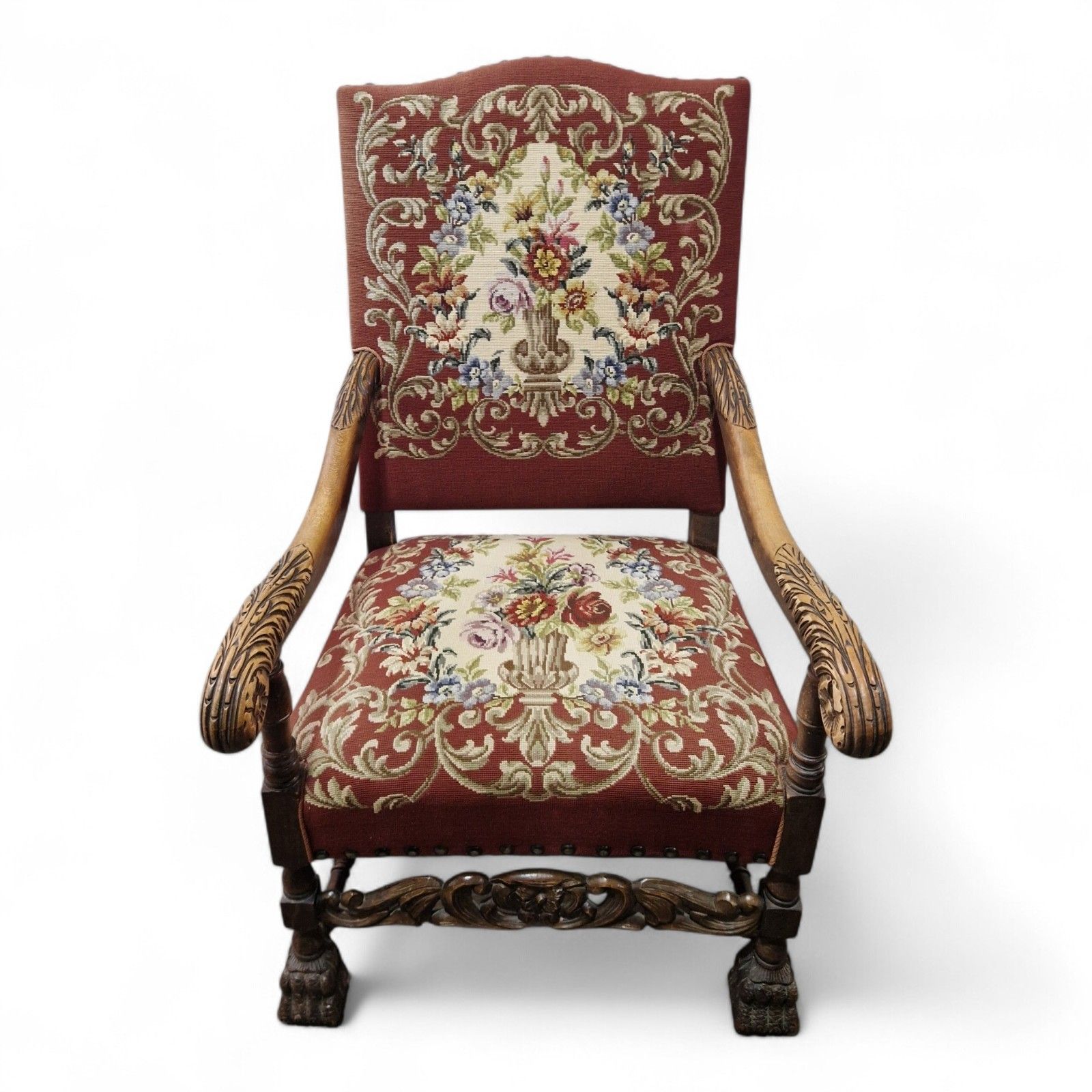 Antique Carved Wood Armchair Continental Oak Throne Chair Large Floral Statement photo for sale