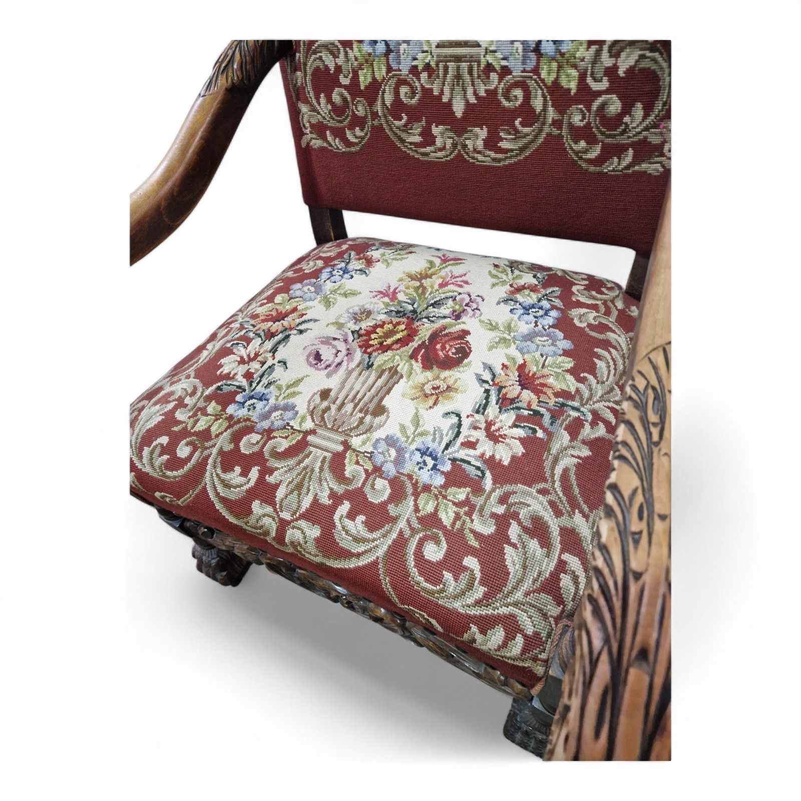 Antique Carved Wood Armchair Continental Oak Throne Chair Large Floral Statement photo vintage