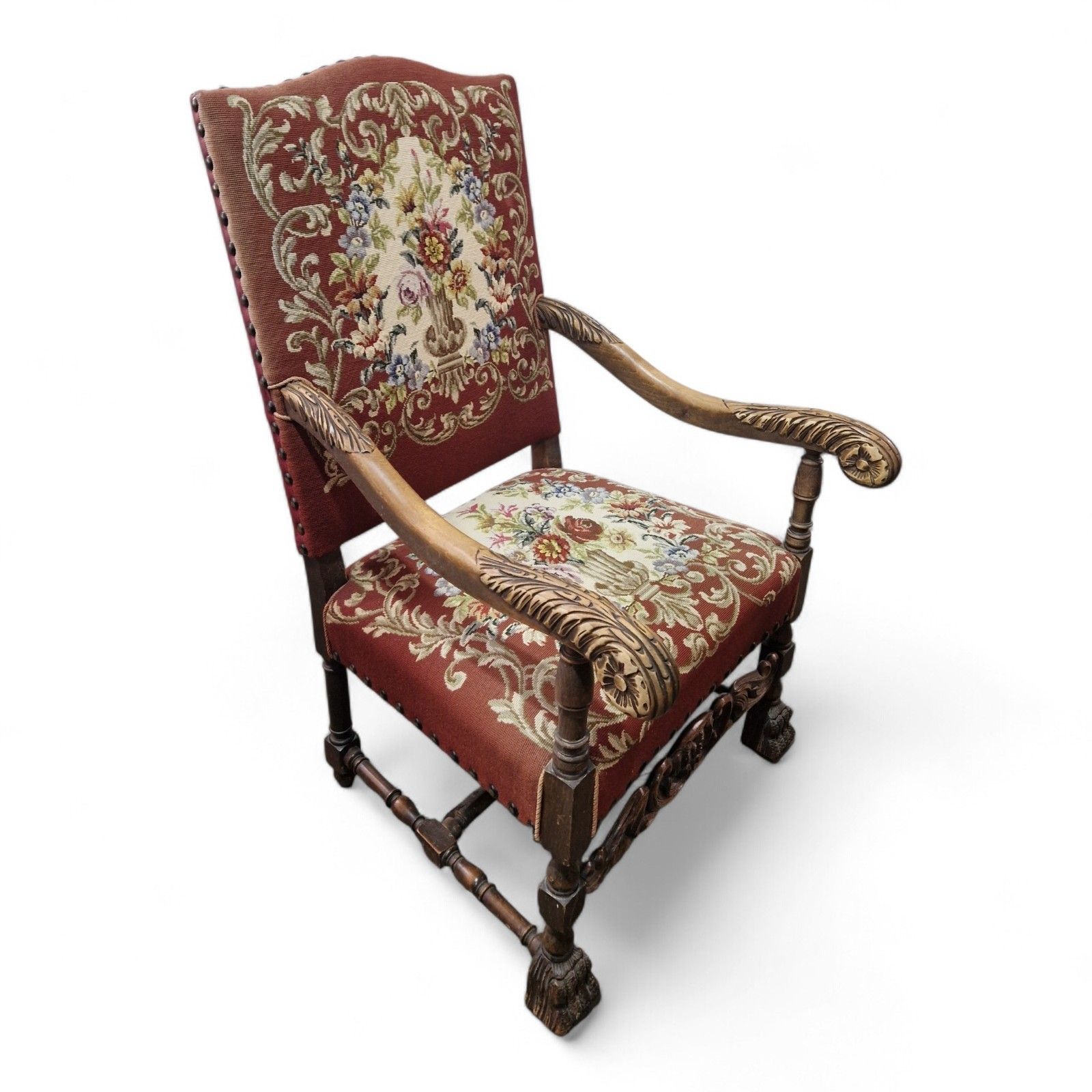 photo for sale Antique Carved Wood Armchair Continental Oak Throne Chair Large Floral Statement