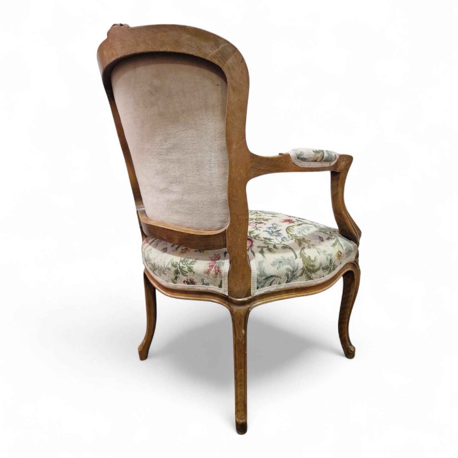 photo for sale French Walnut Armchair Carved Cabriole Floral Upholstery Bedroom Chair Pretty