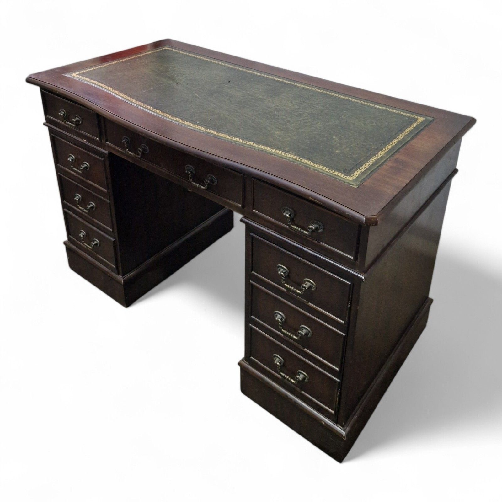 Antique Style Kneehole Desk Mahogany Pedestal Green Leather Serpentine Top photo for sale
