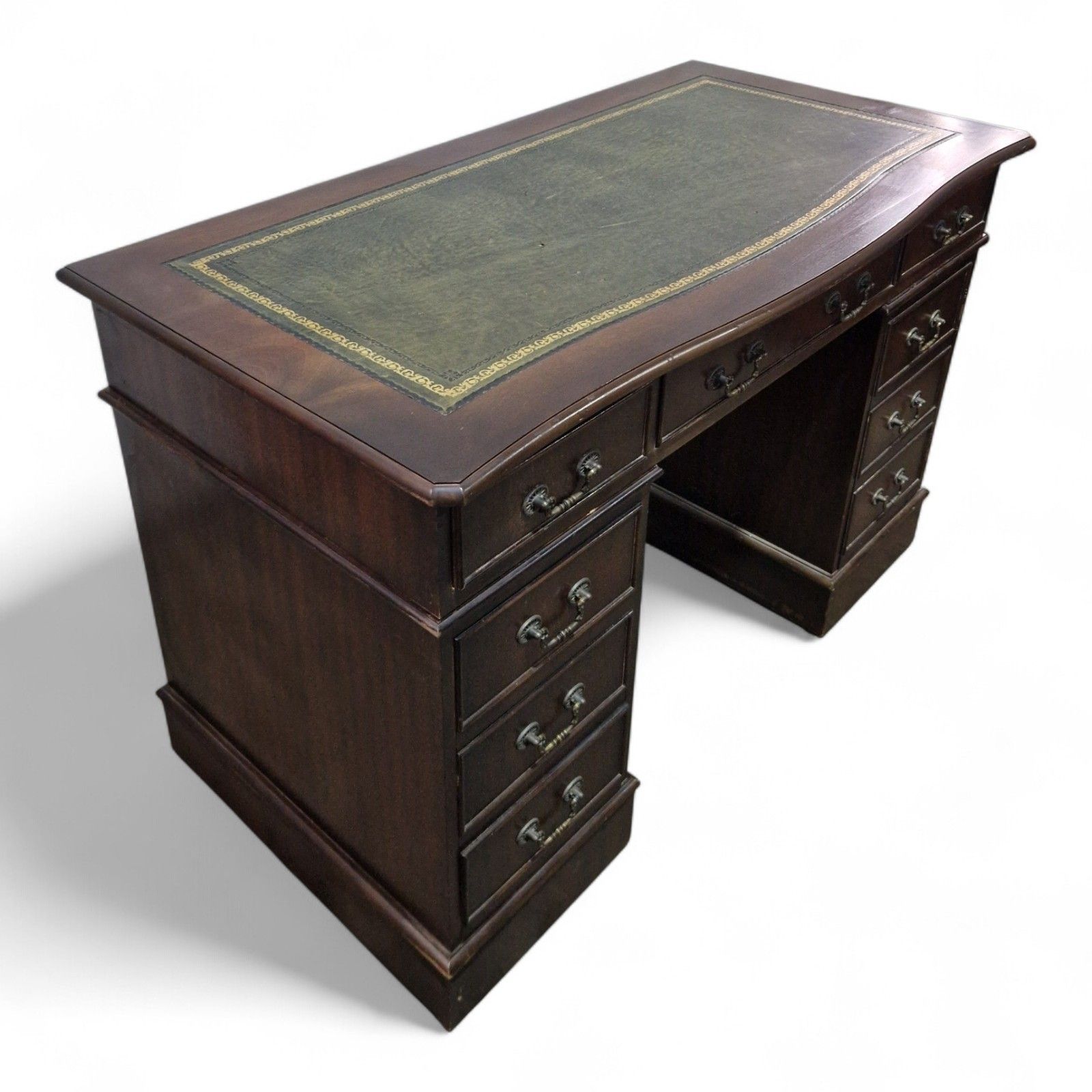 Antique Style Kneehole Desk Mahogany Pedestal Green Leather Serpentine Top photo Furniture