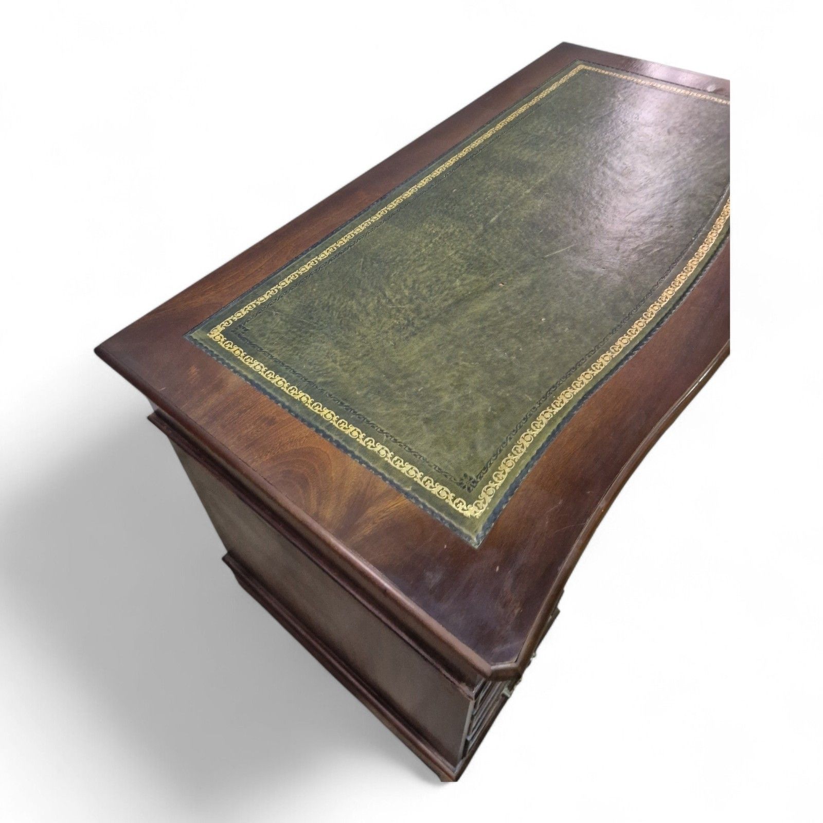 Antique Style Kneehole Desk Mahogany Pedestal Green Leather Serpentine Top photo buy