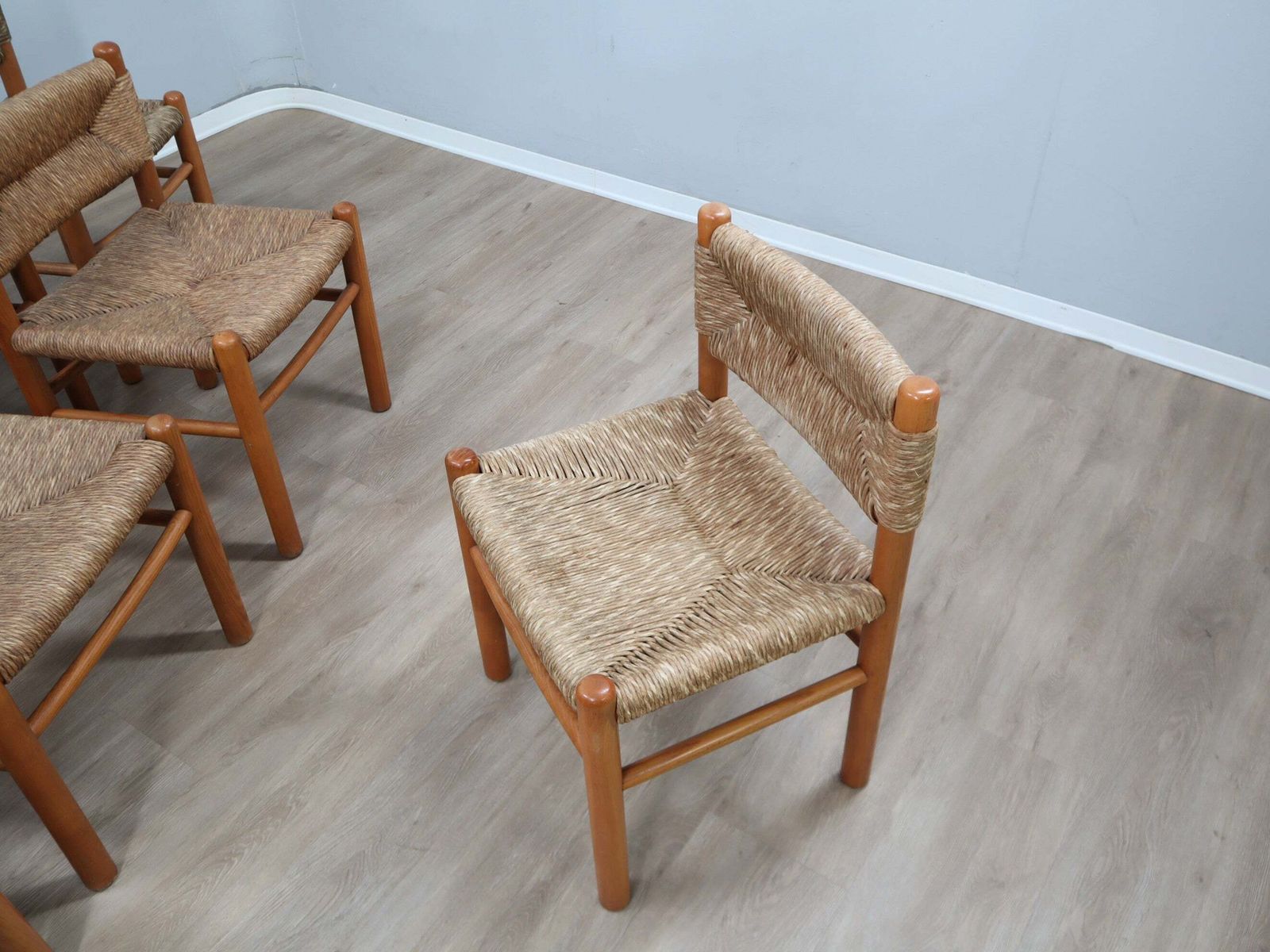 Set Of 8 Chairs 1960s Charlotte Perriand Style Woven Straw & Wood photo buy