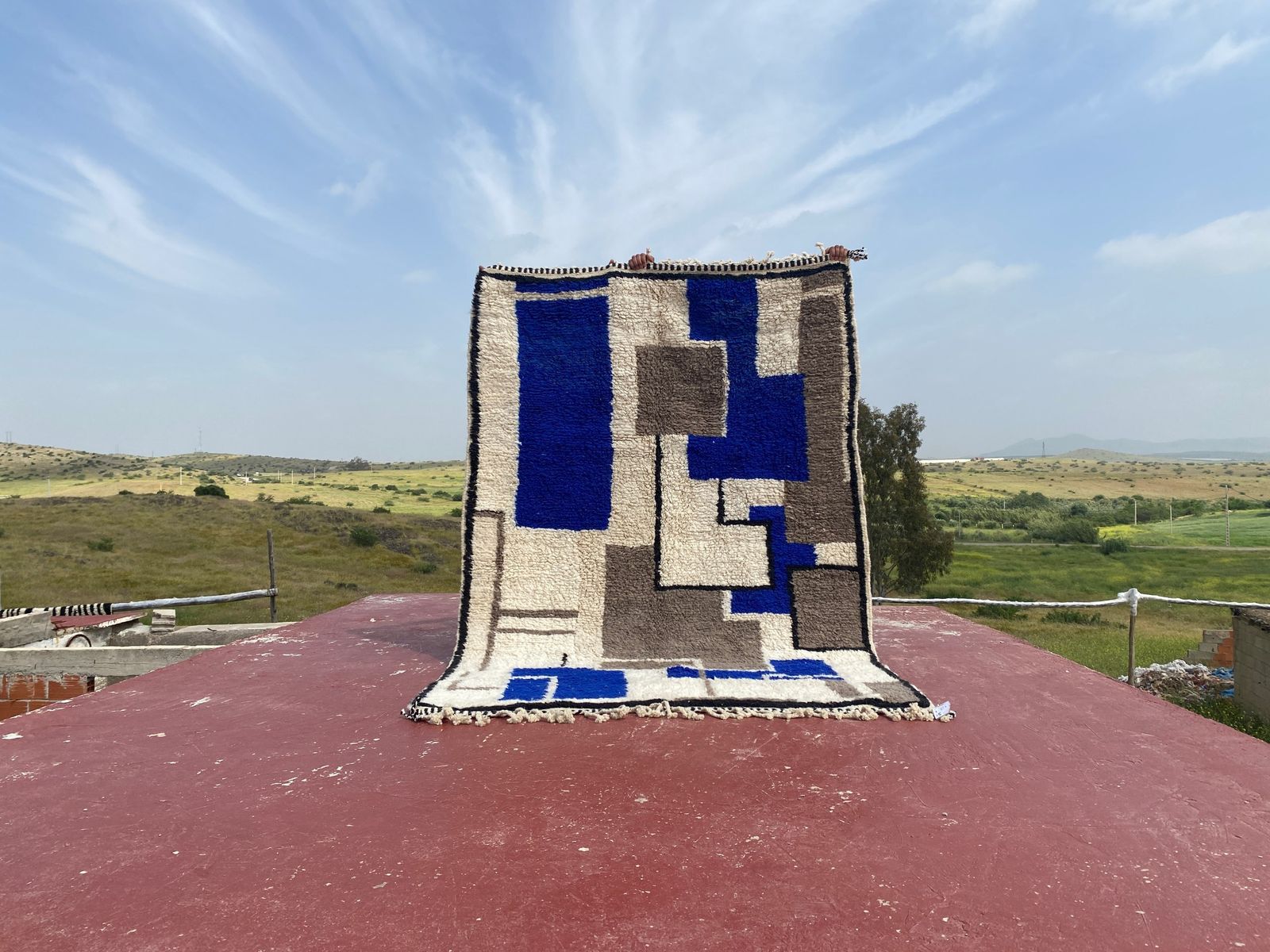 Vintage Beni Ourain Rug – Abstract Blue & Taupe Geometric – 255 X 170 Cm