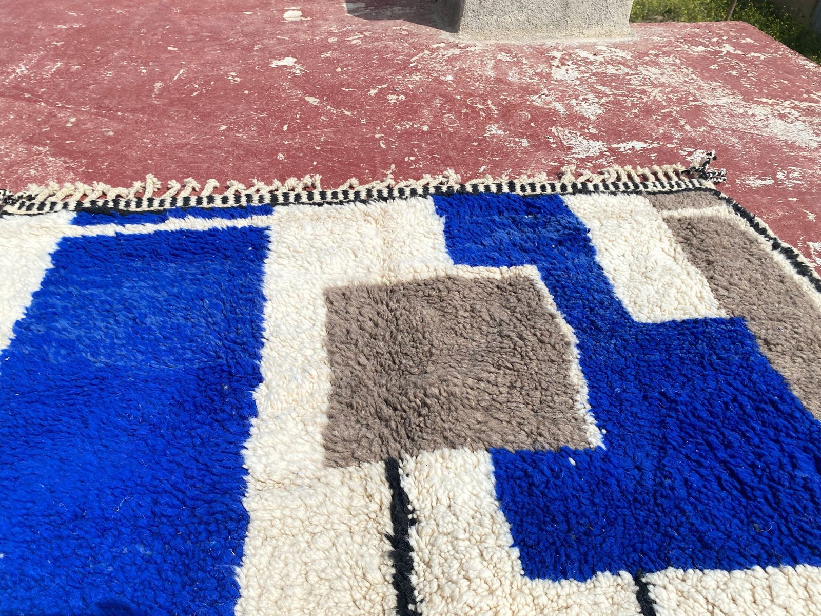 Vintage Beni Ourain Rug – Abstract Blue & Taupe Geometric – 255 X 170 Cm photo for sale