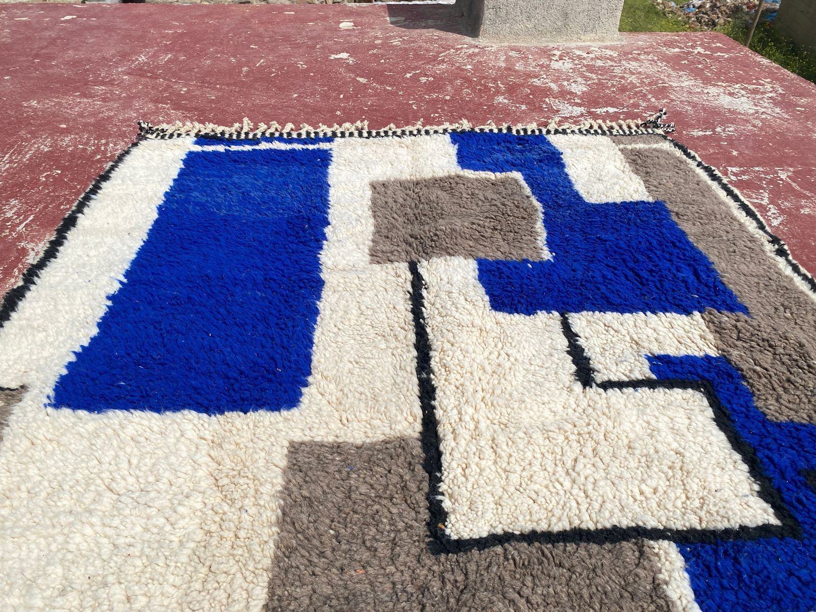 photo for sale Vintage Beni Ourain Rug – Abstract Blue & Taupe Geometric – 255 X 170 Cm