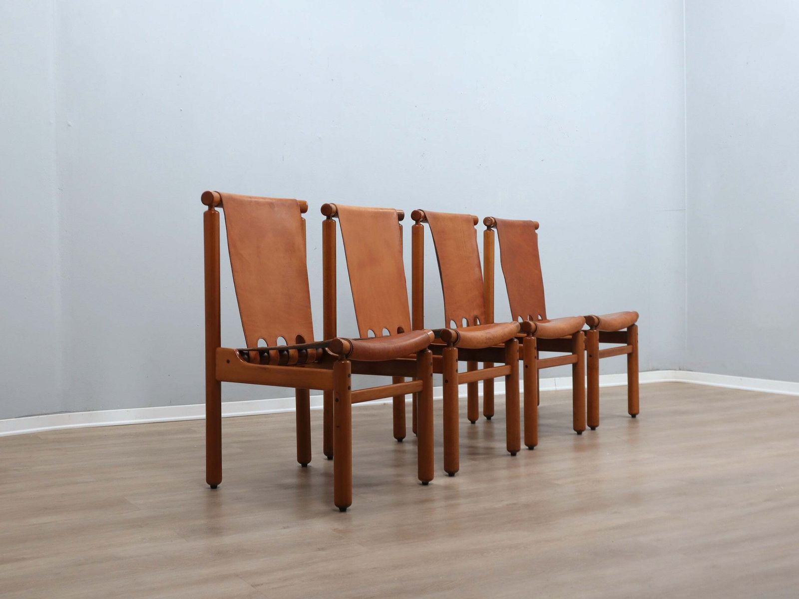 Set Of 4 Ilmari Tapiovaara For La Permanente Walnut And Leather Chairs 1960s