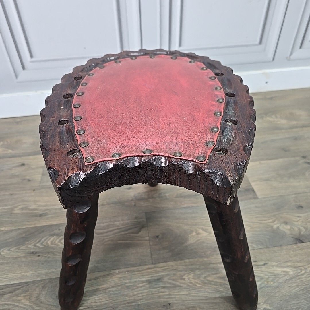 Retro Vintage Spanish Stool Brutalist Wooden Carved Horseshoe Tripod Seat photo buy