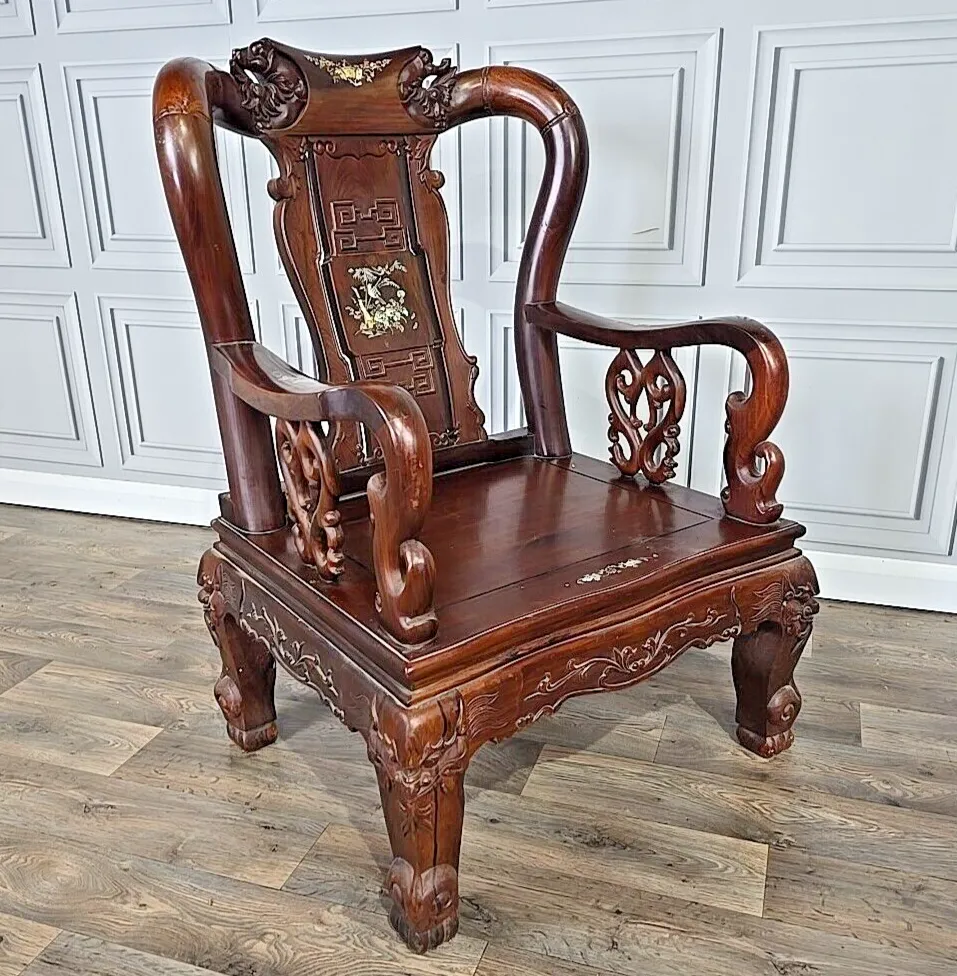 Antique Chinese Arm Chair Oriental Carved Heavy Rosewood Throne Mother Of Pearl