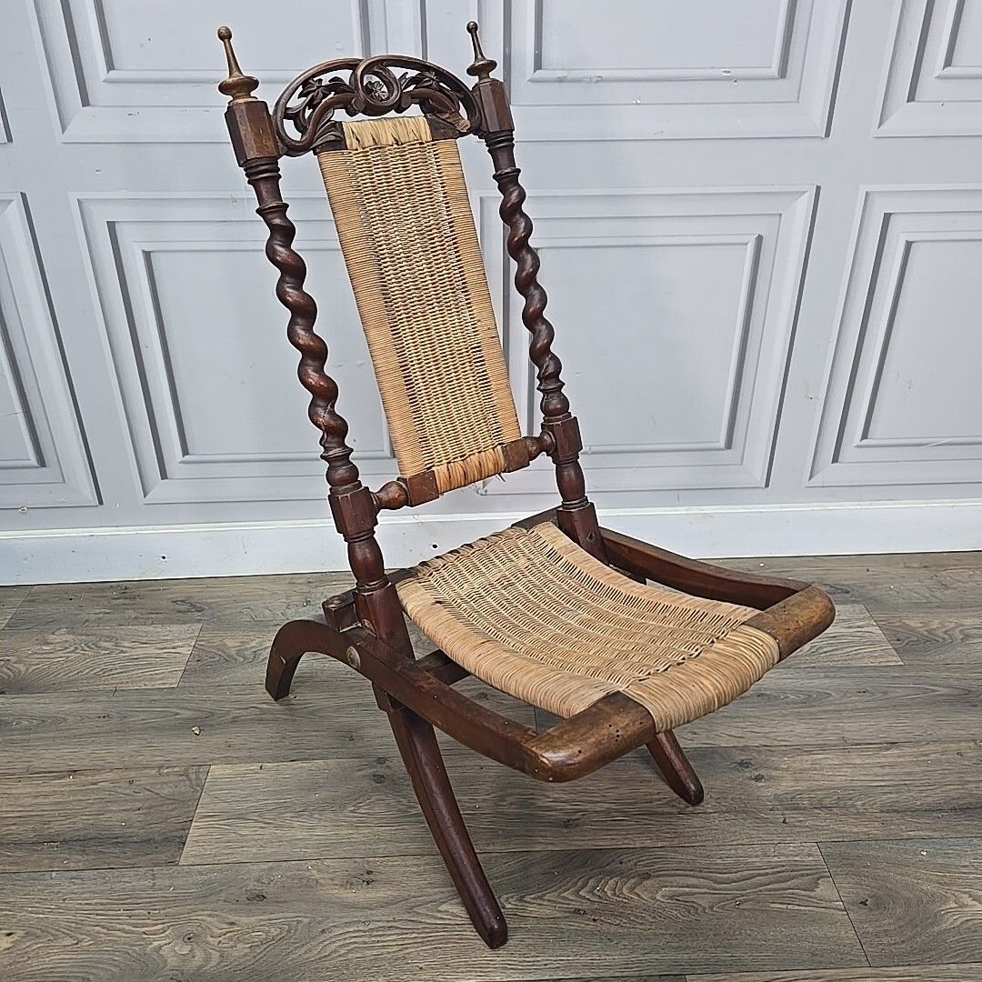 Antique Vintage Folding Chair Officers Campaign "Safari" Wooden Woven Seat photo furniture