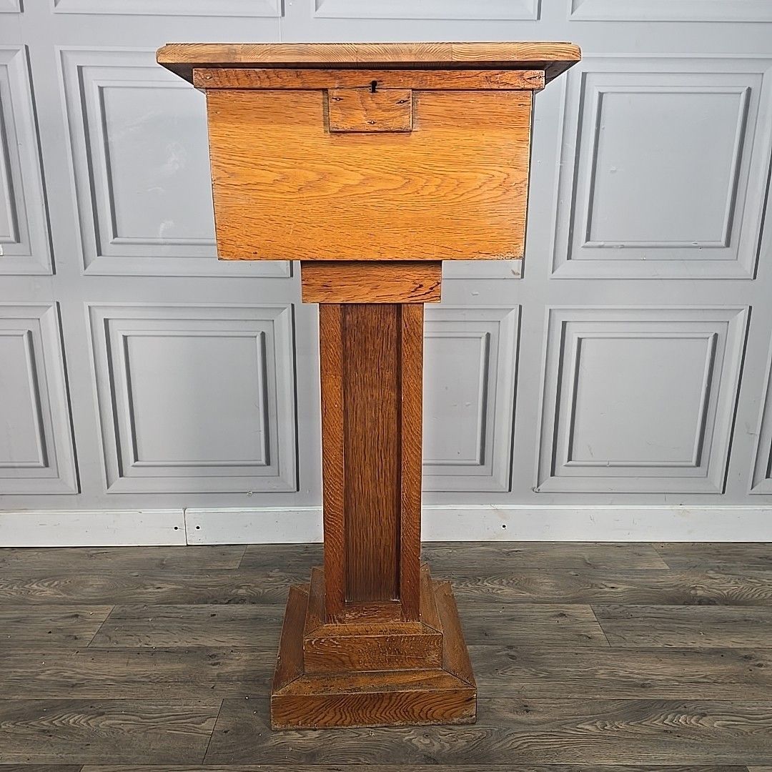 photo furniture Antique Oak Church Font Offertory Box Lead Lined Planter Bust Flower Stand Table