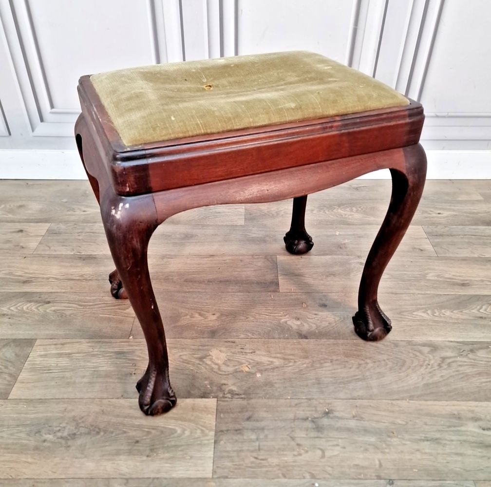 Antique Upholstered Piano Stool Solid Wood Footstool Queen Anne Ball Claw Feet