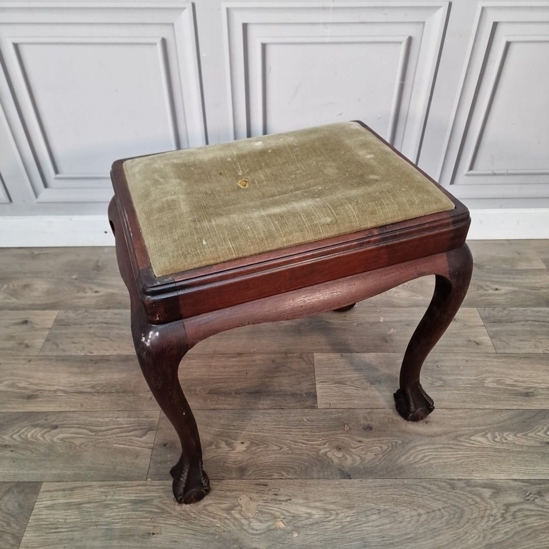 Antique Upholstered Piano Stool Solid Wood Footstool Queen Anne Ball Claw Feet photo furniture