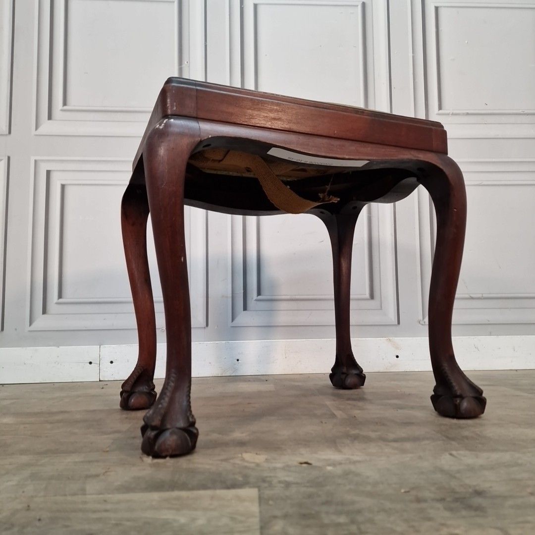 Antique Upholstered Piano Stool Solid Wood Footstool Queen Anne Ball Claw Feet photo for sale