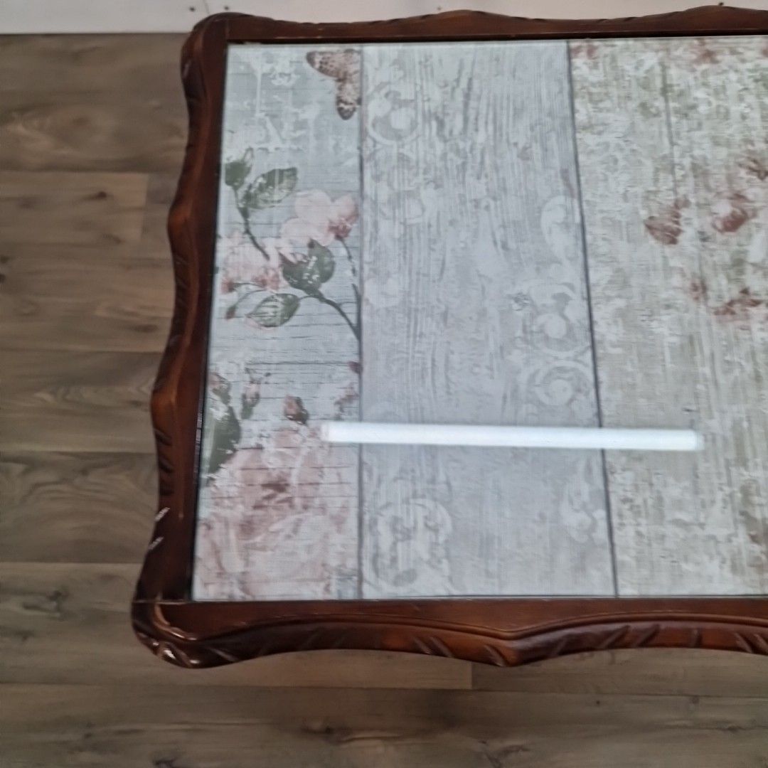 Vintage Side Coffee Table Glass Top Occasional Table Retro Wooden Carved photo 55.0