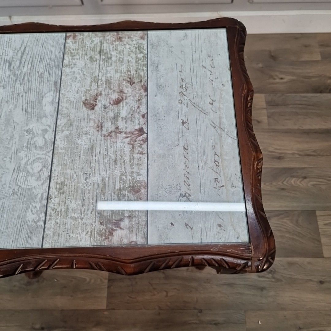 Vintage Side Coffee Table Glass Top Occasional Table Retro Wooden Carved photo vinterior