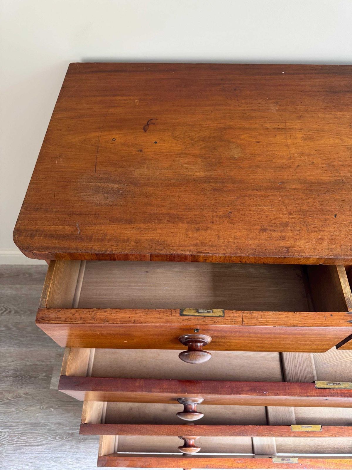 photo for sale Antique Large Chest Of Drawers 2 Over 3 Upon Bun Feet Original Handles