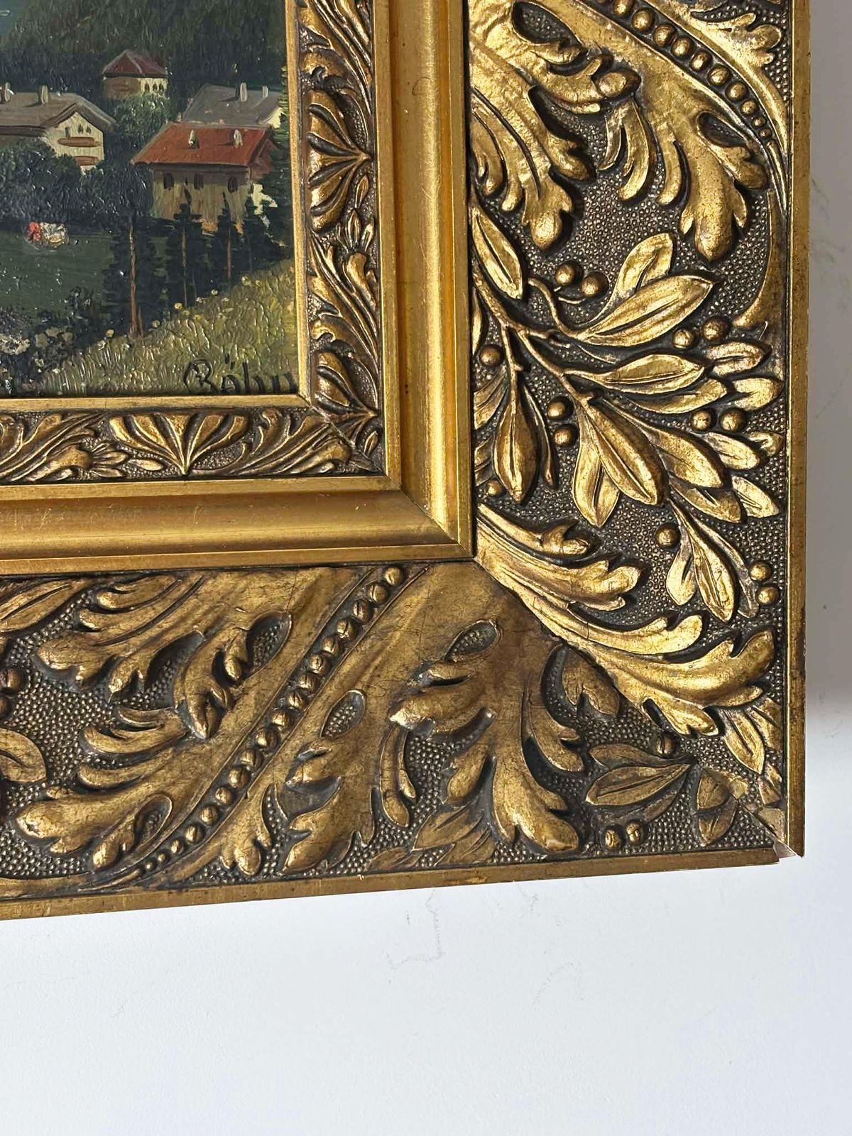 Antique European Landscape Painting In Ornate Gold Frame, Mountain Lake Village Scene, Signed Wall Art photo Art