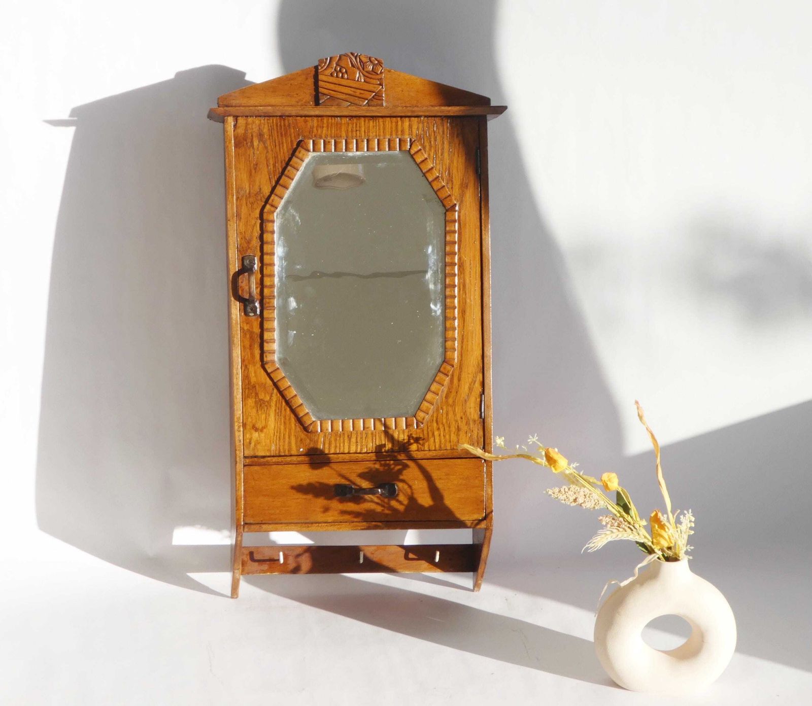 Antique Art Deco Wooden Wall Cabinet With Mirror, Apothecary Storage With Floral Details, Farmhouse Decor photo 343.0