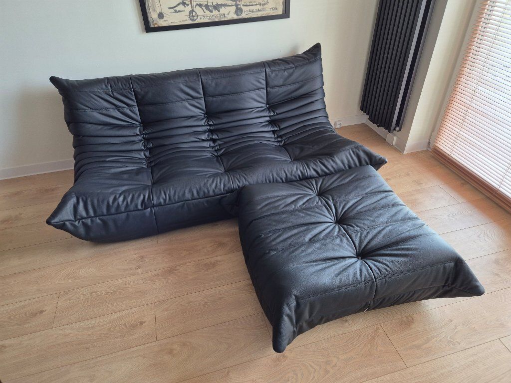 Michel Ducaroy For Ligne Roset Black Leather Togo Sofa And Pouf, Set Of 2 photo for sale