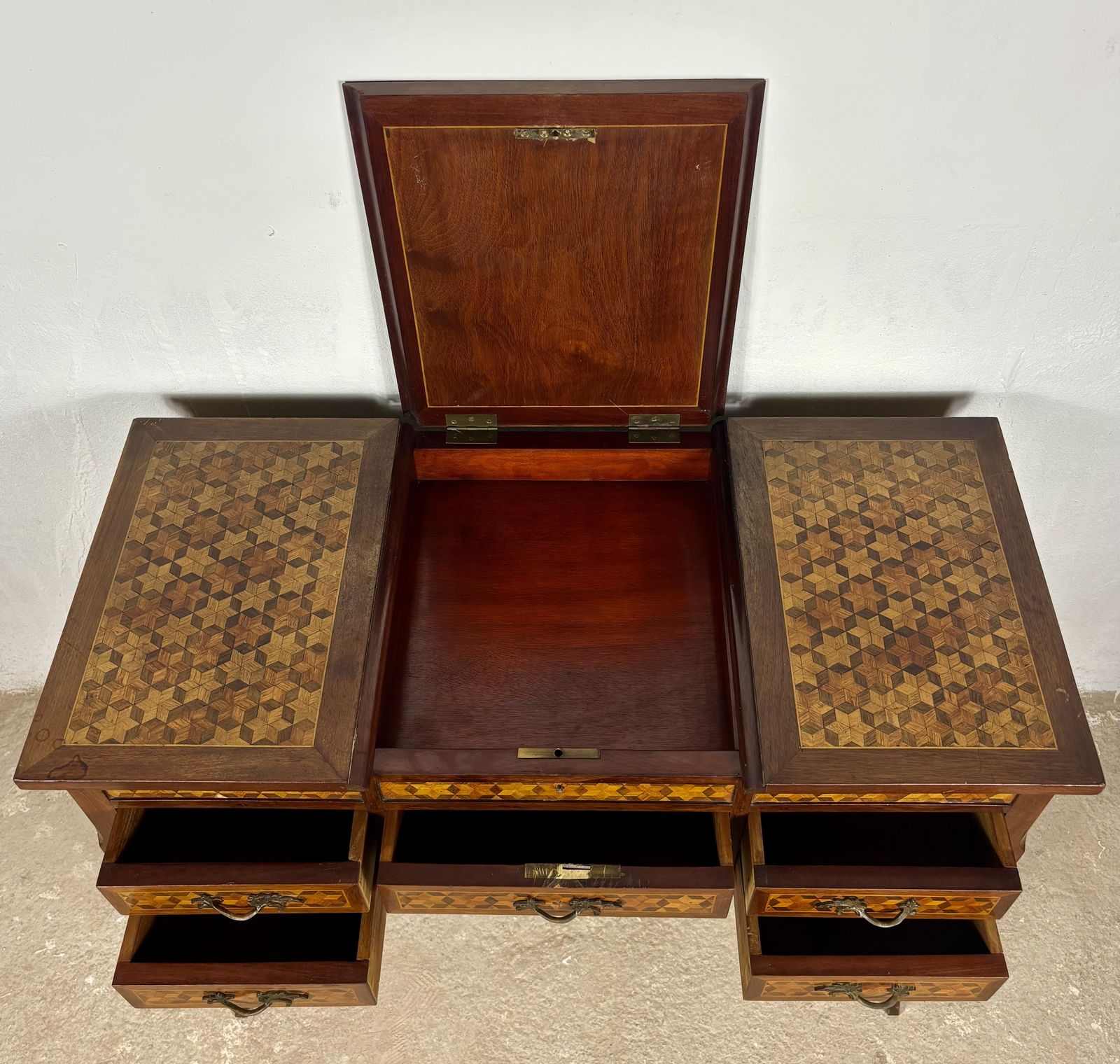 photo furniture Early 20th Century Spanish Marquetry Vanity Desk With Drop Leaves