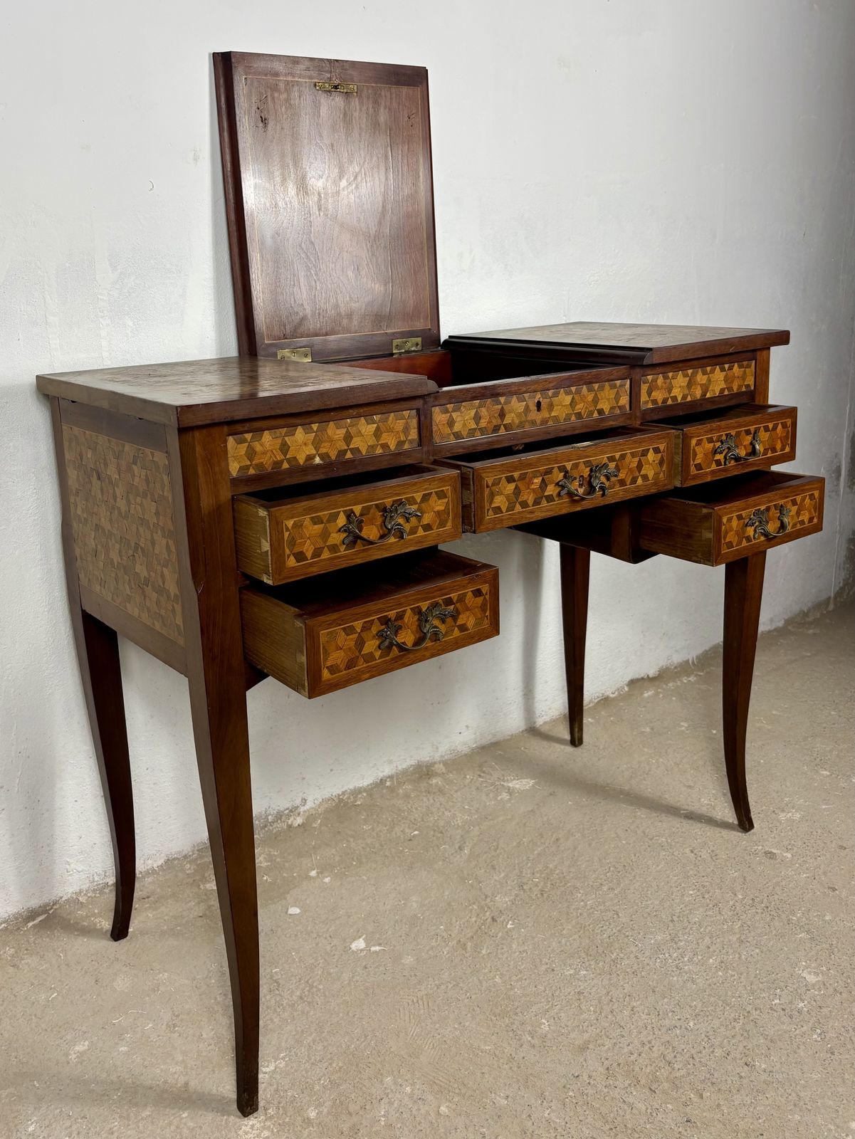 photo for sale Early 20th Century Spanish Marquetry Vanity Desk With Drop Leaves