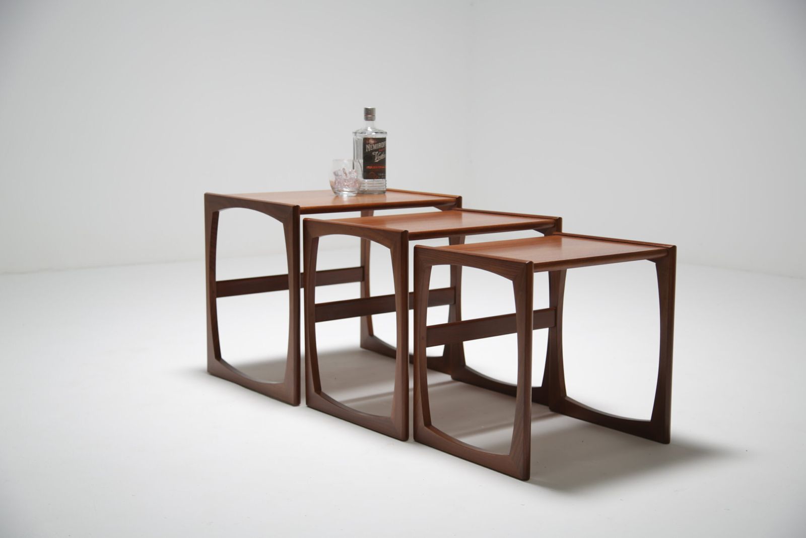 G Plan Quadrille Nest Of Tables: Iconic Teak & Afromosia ‘Sled Leg’ Trio By R. Bennett, Uk, 1960s