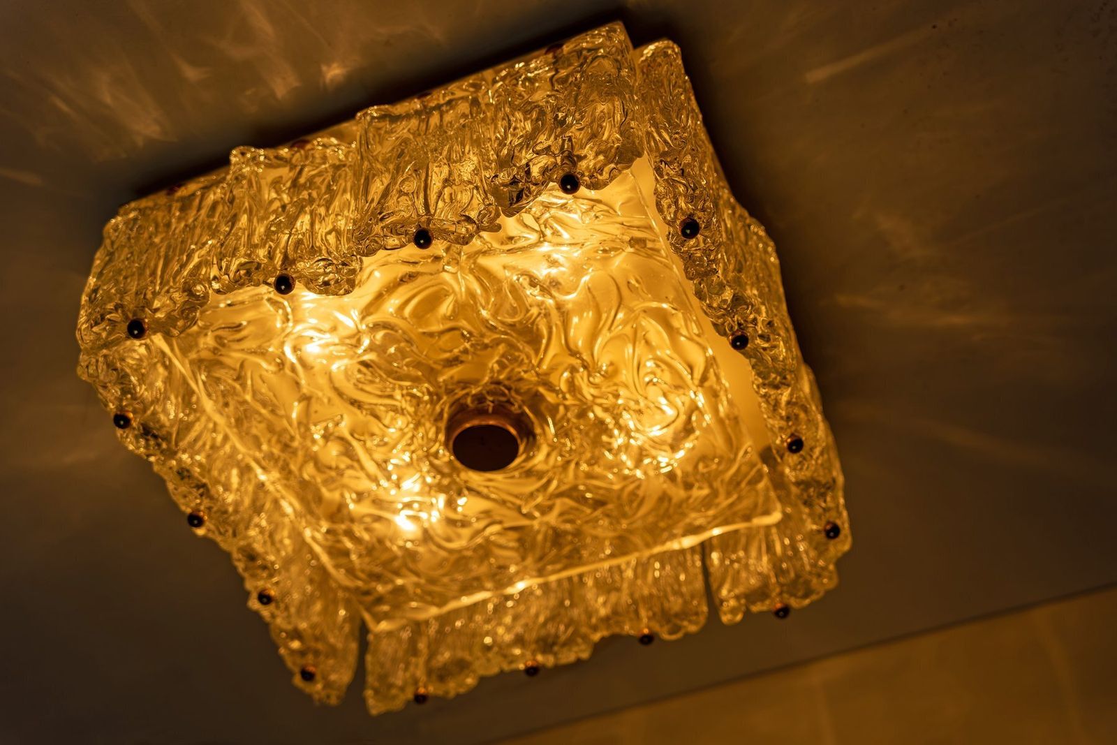 Large Ice Glass And Brass Ceiling Light By Barovier And Toso, 1960s photo vintage