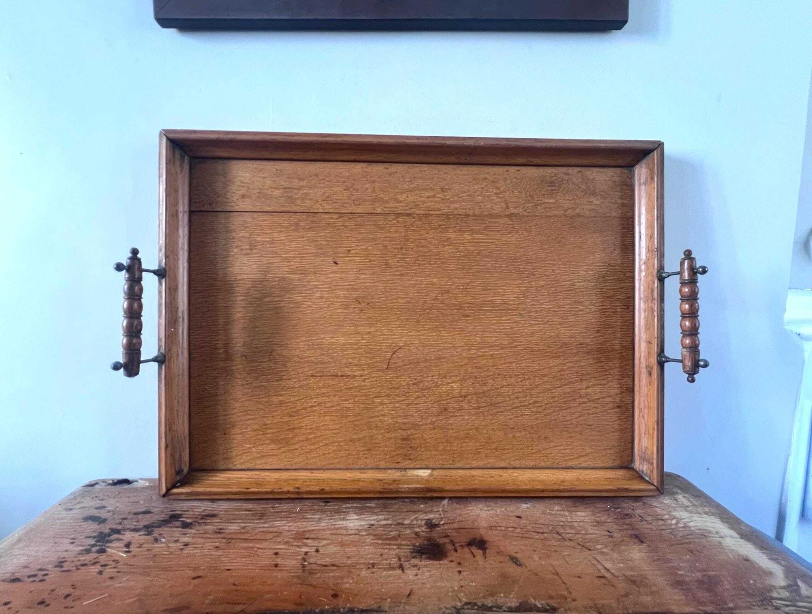 Antique Edwardian Oak Serving Tray | Large 19th Century Butler's Tea Tray With Turned Spindle Handles | Dark Wood Rustic Farmhouse Decor