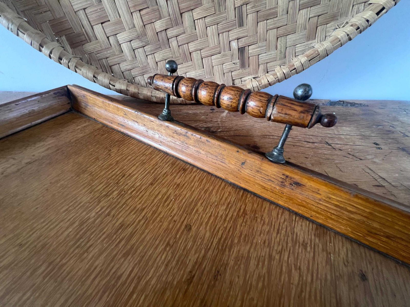 Antique Edwardian Oak Serving Tray | Large 19th Century Butler's Tea Tray With Turned Spindle Handles | Dark Wood Rustic Farmhouse Decor photo vintage