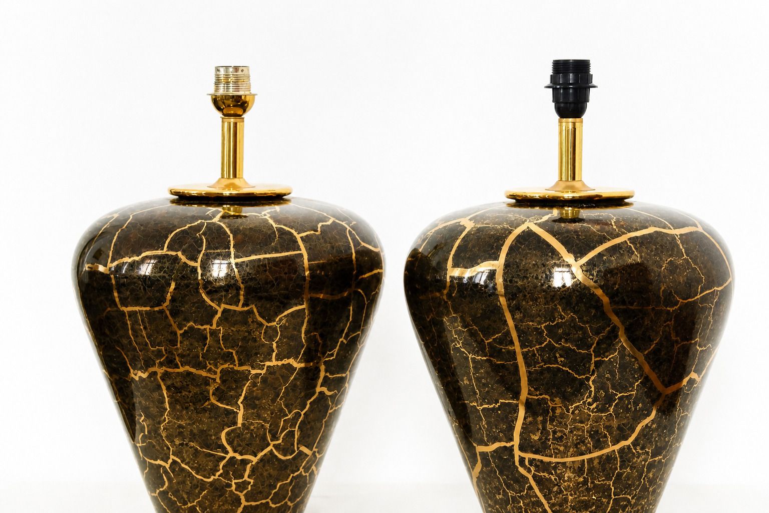 20th Century Pair Of Baluster Shaped Table Lamps In Glazed Black & Gold Ceramic photo Lighting
