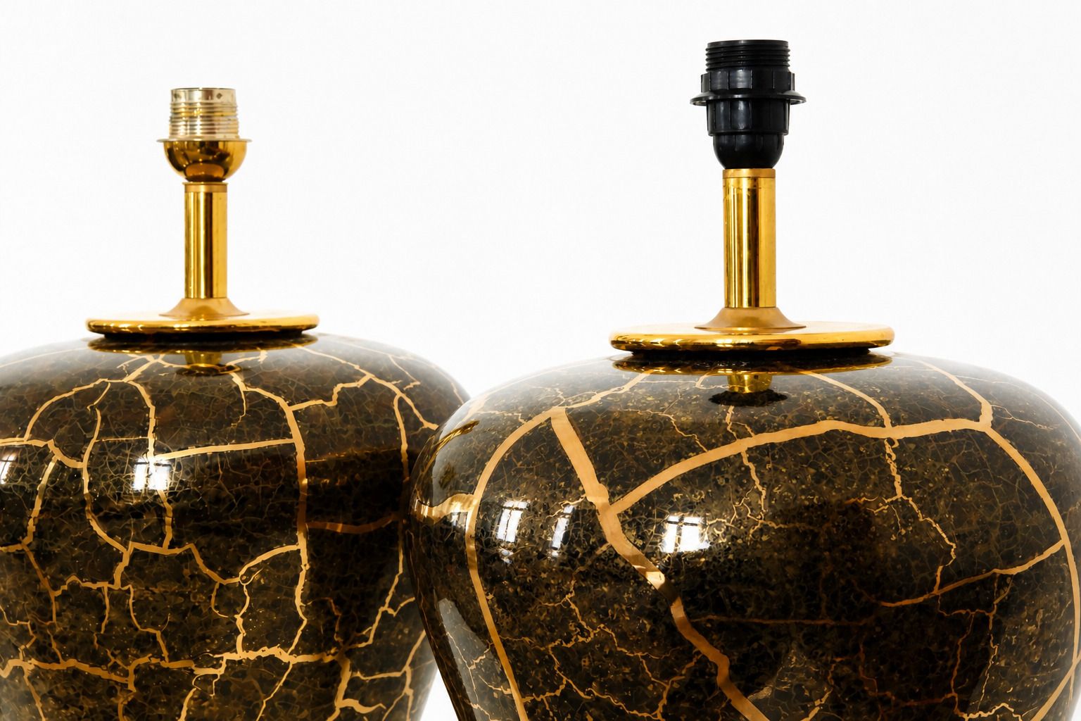 20th Century Pair Of Baluster Shaped Table Lamps In Glazed Black & Gold Ceramic photo 950.0