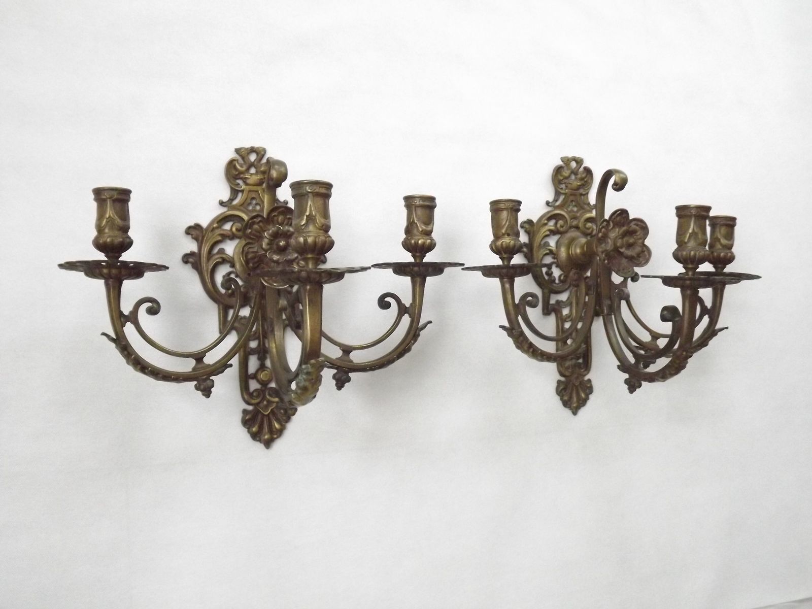 Pair Of Large Heavy Victorian Bronze Triple Wall Sconces Griffin Acanthus & Flower Detail