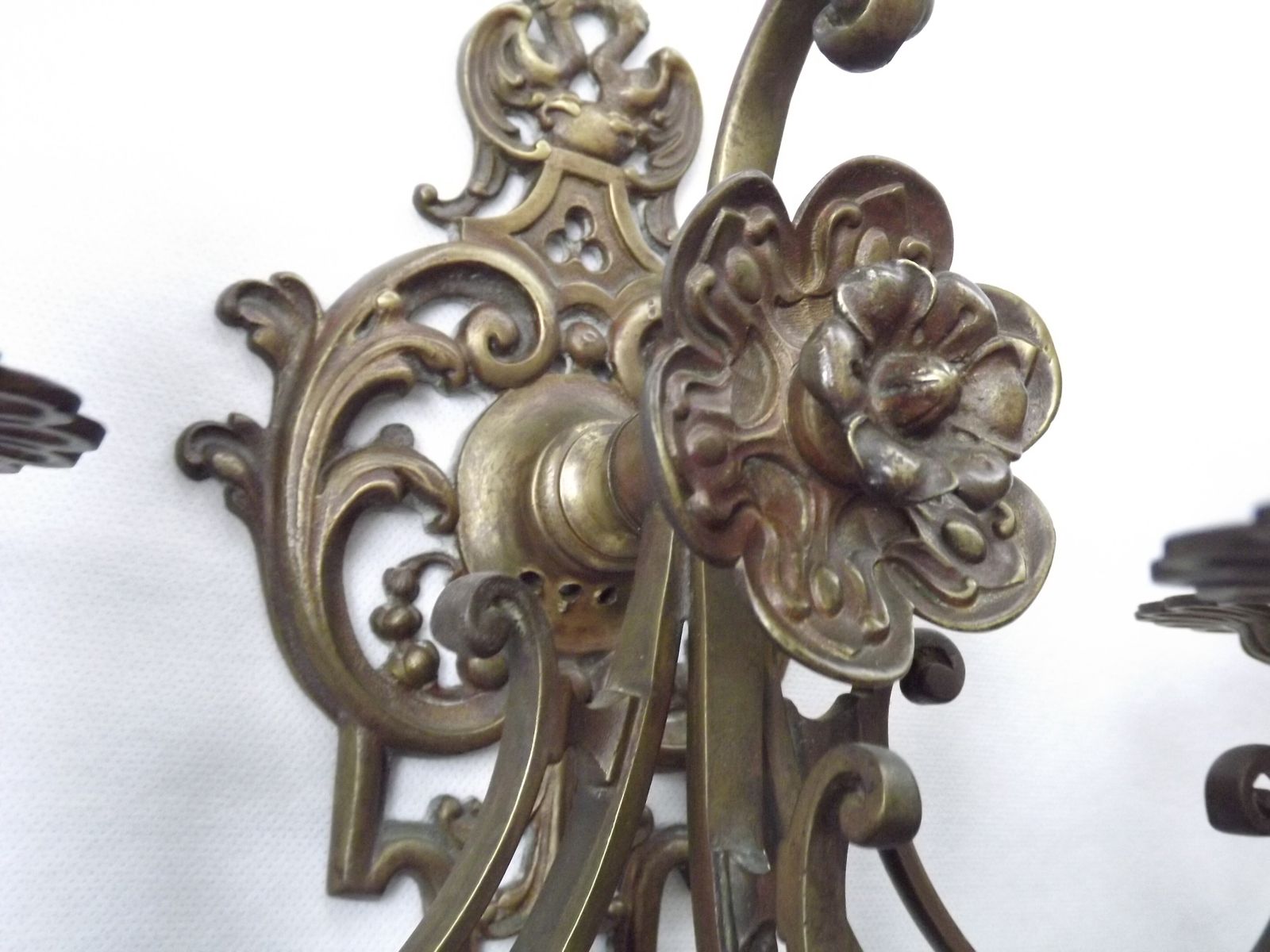 Lighting Pair Of Large Heavy Victorian Bronze Triple Wall Sconces Griffin Acanthus & Flower Detail photo
