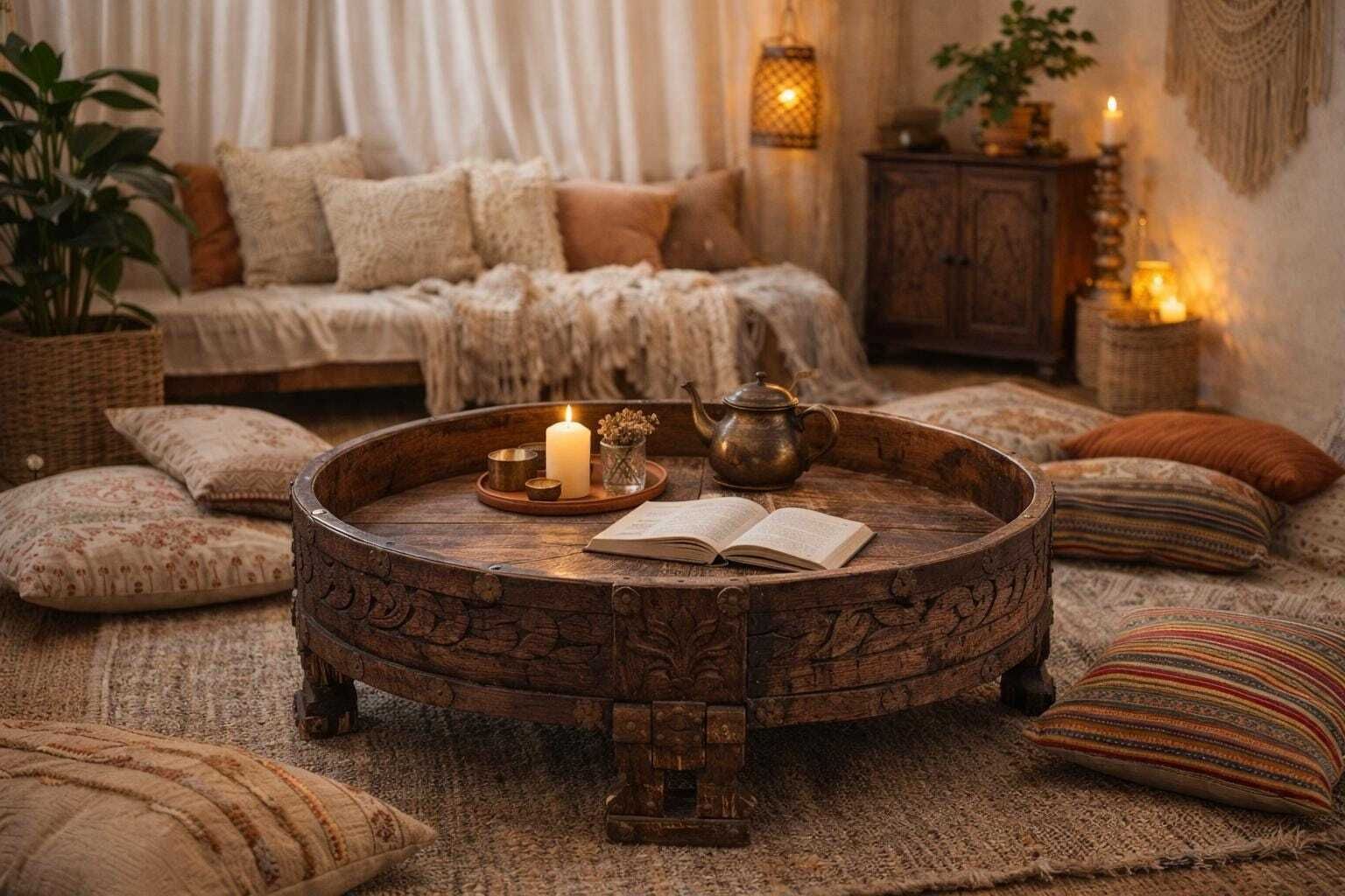 Antique Indian Chakki Grinder Table , Hand Carved Floral Wooden Low Table , Heritage Rustic Decor photo furniture