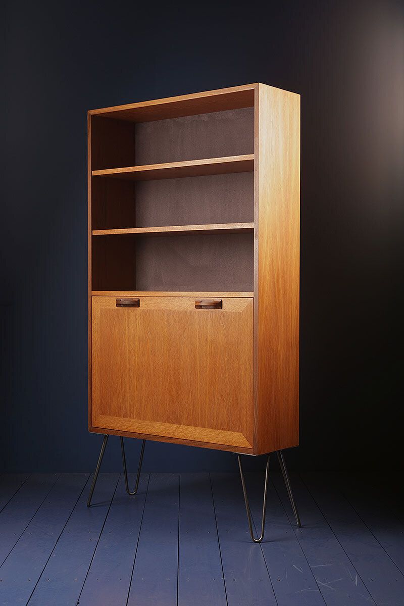 Vintage G Plan Sierra 1960s Teak Grey Display Drinks Cabinet Bookcase On Hairpin Legs Or Teak Angled Tapered Wooden Feet