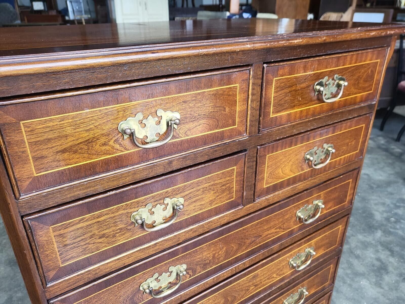 photo vintage Antique Repro Inlaid 4 Over 4 Chest Of Drawers Bracket Feet