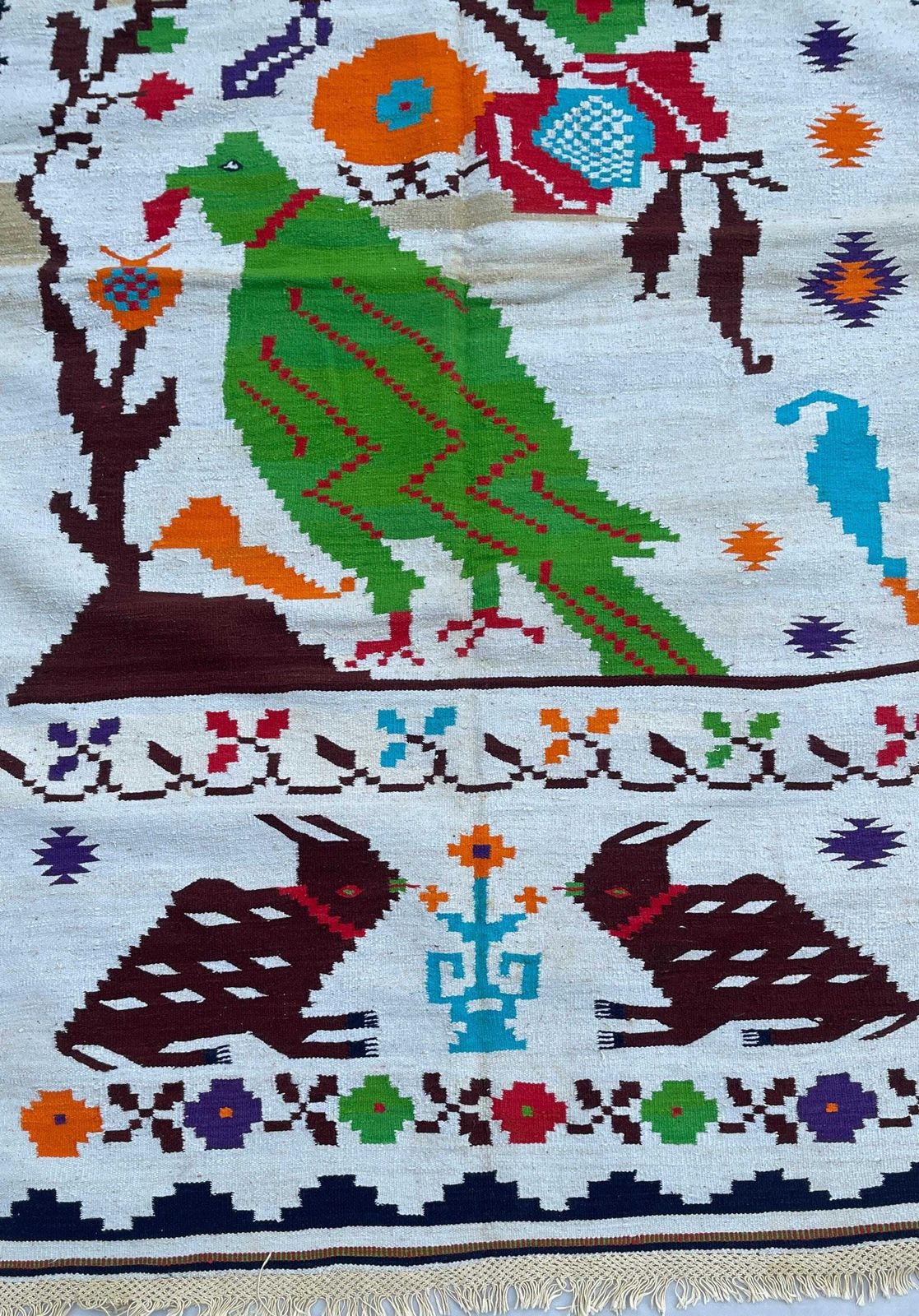 Vintage Handwoven Dhurrie Rug, Indian Folk Art Peacock Rabbit Design photo for sale