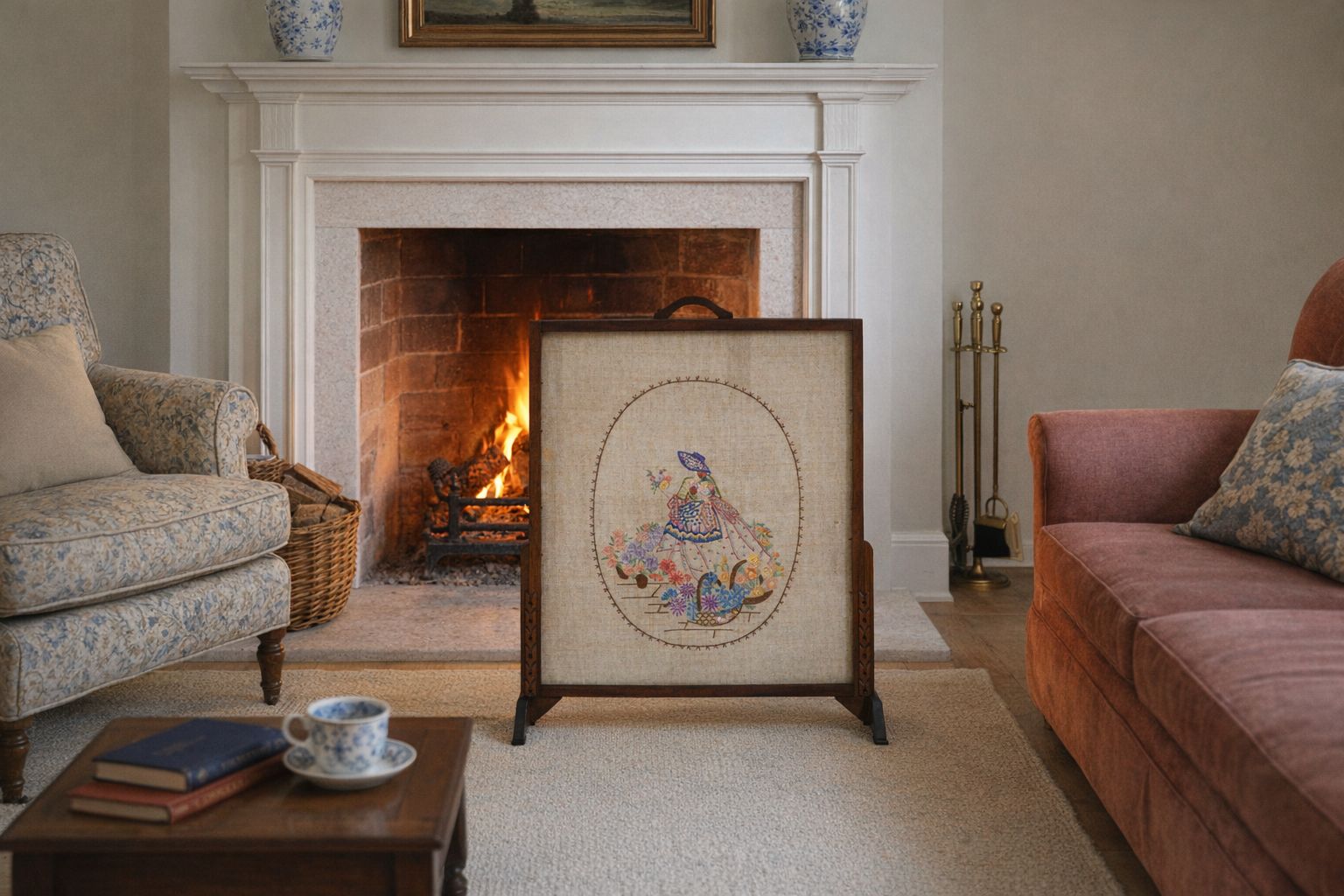 Art Hugh Heavy Carved Antique Needlepoint Fire Screen, Ballgown Lady With Flowers, Solid Teak Framed Fire Screen With Handle 84x68 Cm photo