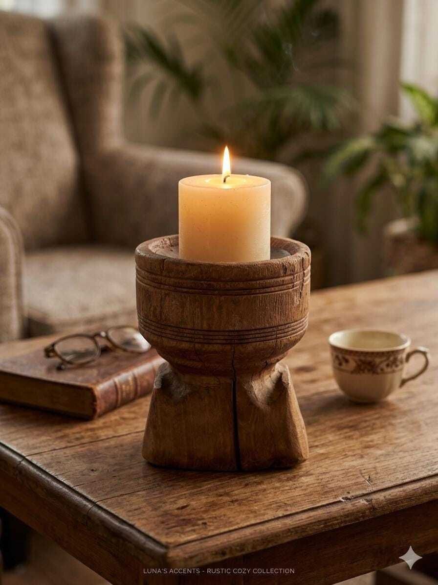 Antique Indian Seed Sower Candle Holder | Hand Carved Teak Wabi Sabi Pedestal