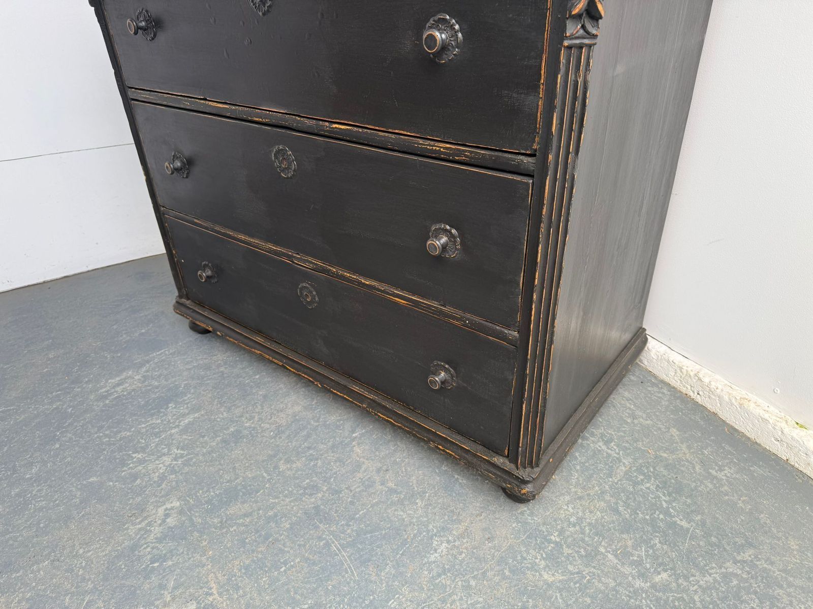 A Rare Original Hungarian Georgian Pine Black 3 Drawer Chest Of Drawers photo for sale