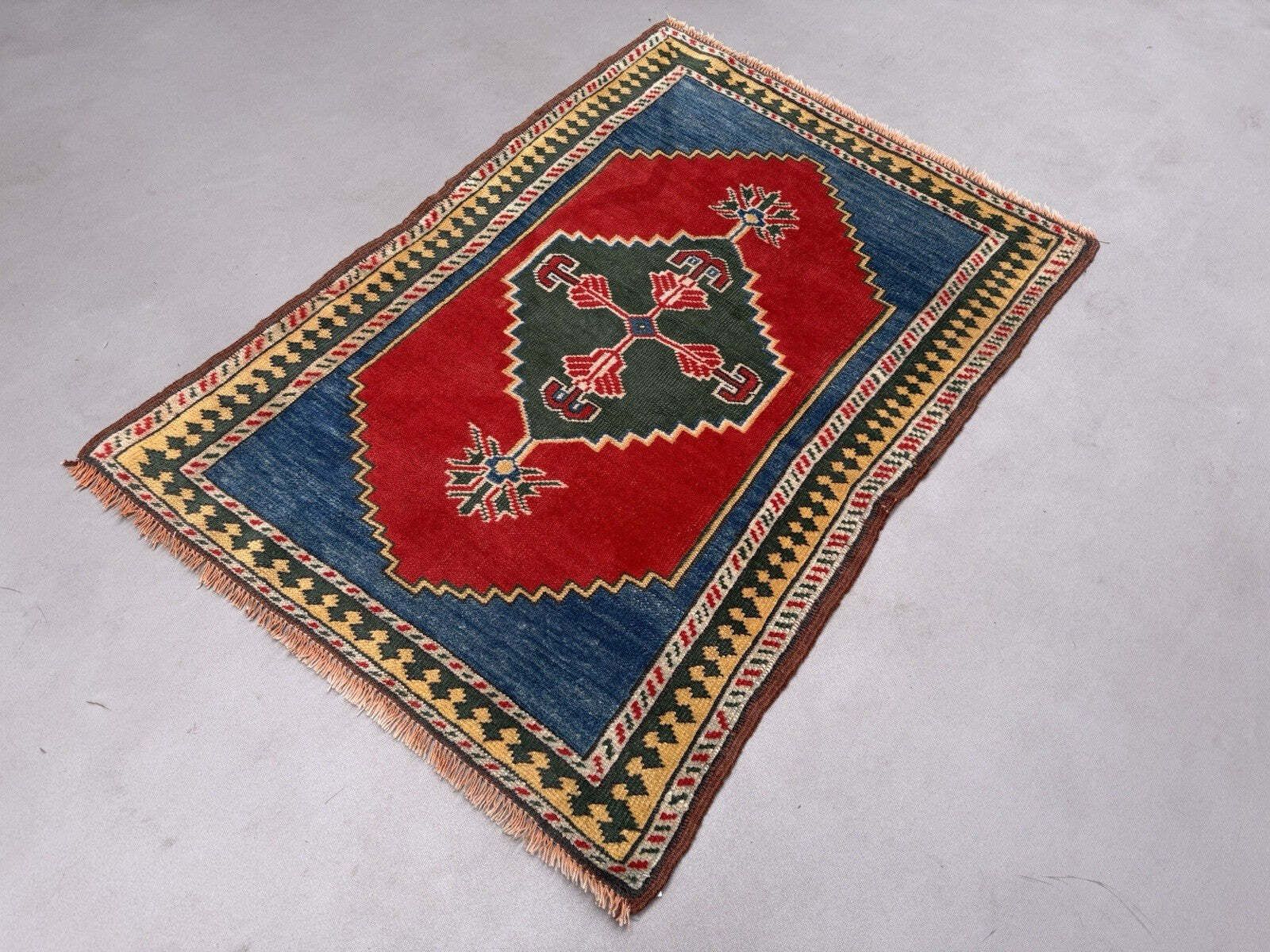 Turkish Kazak Rug Oriental 140x97 Cm Vintage Tribal Carpet, Red And Blue photo furniture