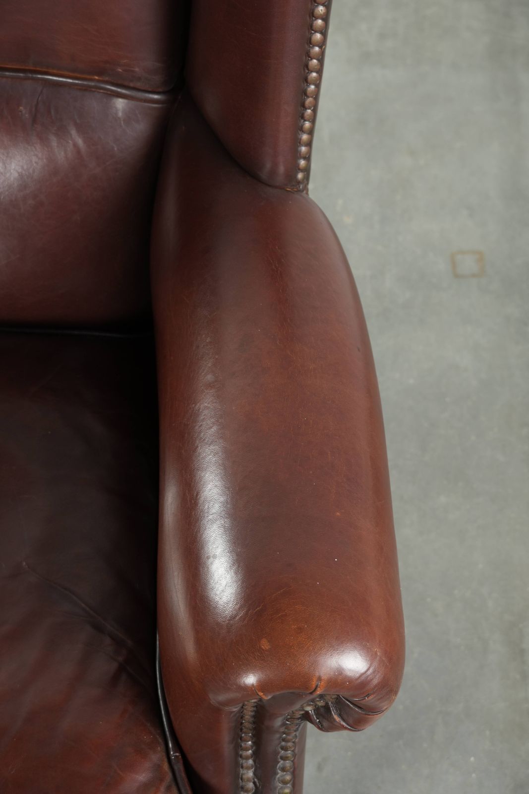 Lovely Vintage Sheepskin Armchair With A High Back In A Beautiful, Subtle Size, Finished With Decorative Nails. photo vintage