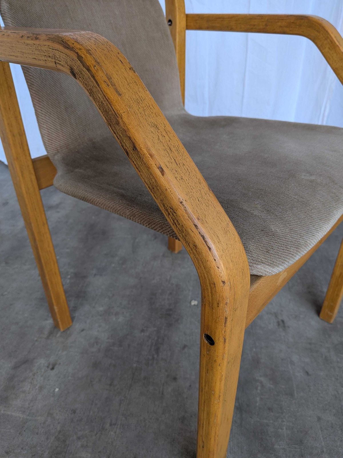 photo vintage Vintage Beech Wood Dining Chair: 1970s Space Age Gray Fabric