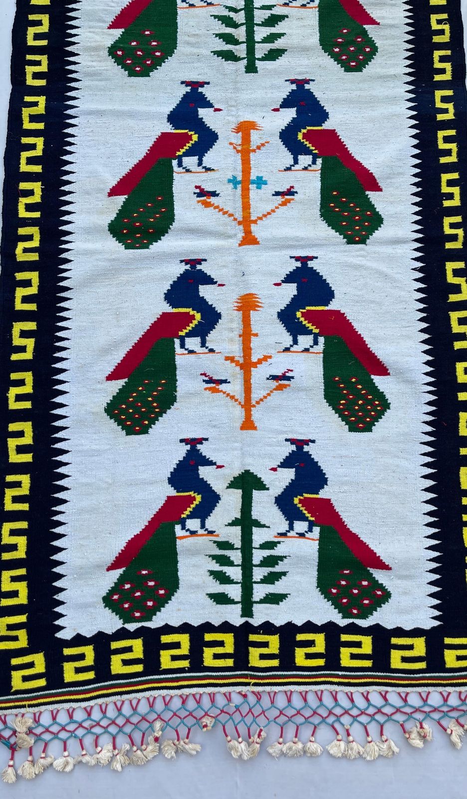 Vintage Kilim Runner Rug, Handwoven Peacock Dhurrie, Indian Folk Art photo furniture